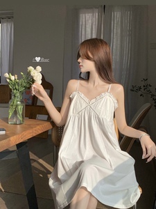 夏季少女睡裙吊带V领性感甜美薄款家居睡衣带胸垫韩版白色中长裙