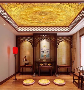 酒楼佛堂寺庙天花板墙纸金色莲花吊顶壁纸祥云中式佛花纹奢华墙布