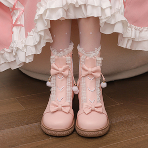 女童洛丽塔公主短靴儿童lolita粉色靴子平底秋冬季加绒中大童lo靴