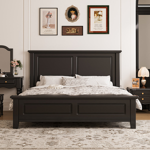 复古法式床黑色白色现代简约1.8M双人床田园风美式中古实木床主卧