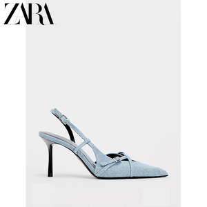 ZARA2024新款牛仔蓝高跟鞋女夏季包头凉鞋尖头穆勒鞋细跟绝美百搭