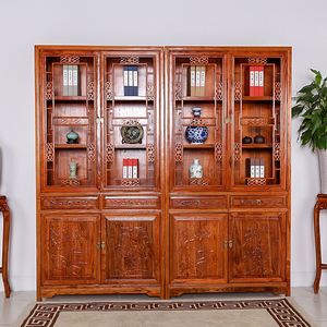 中式实木书柜书橱书架组合明清仿古风格榆木雕花置物架展示架家具