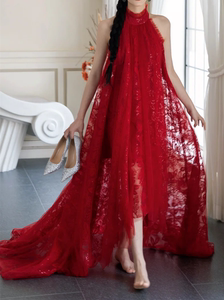 新中式晨袍连衣裙婚礼喜庆纱裙露背长裙红色敬酒服新娘高级感设计