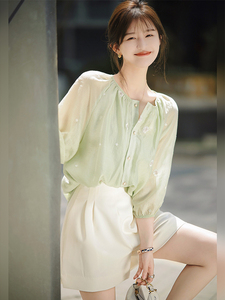 新中式国风雪纺衫夏季女装薄款防晒罩衫遮肚刺绣天丝短袖衬衫上衣