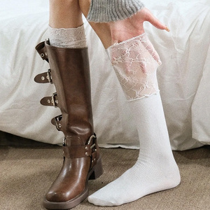 白色蕾丝小腿袜子女配靴子秋冬美拉德长筒靴丝袜高筒过膝袜长筒袜