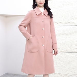 双面呢粉色大衣女装2023年冬季手工缝制粉嫩高级感中长款毛呢外套