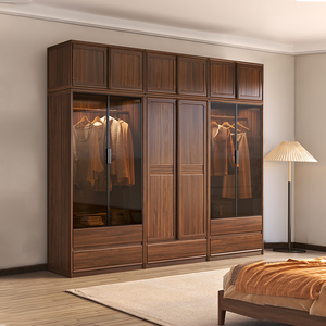 新中式黑胡桃木衣柜全实木现代简约带顶柜家用卧室玻璃储物柜衣橱