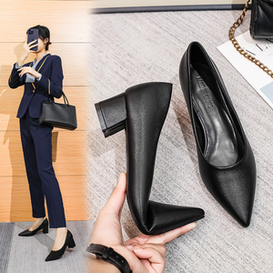 奥康女鞋空姐上班工作鞋2024夏季黑色职业面试工装中跟粗跟高跟鞋
