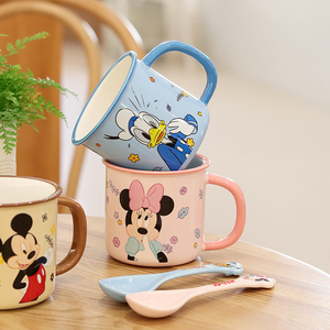迪士尼陶瓷马克杯搪瓷杯造型牛奶水杯情侣卡通可爱带勺礼盒装礼物