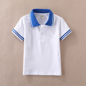 小学生班服蓝色领子校服翻领纯白色T恤男童短袖体恤纯棉女童衣服