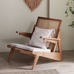 中古风单人沙发椅侘寂休闲袋鼠藤编躺椅子设计师客厅阳台实木家具