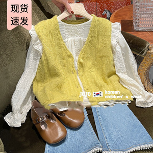 韩国童装女童春季套装2024新款针织马甲牛仔裤三件套洋气时髦炸街