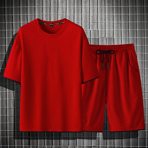 夏季全红短袖T恤短裤男士龙年本命年两件套休闲百搭大红色运动装