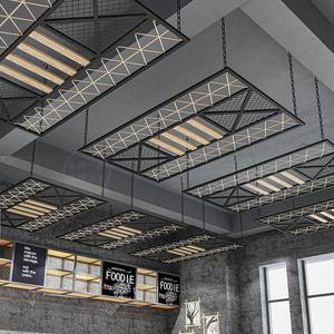 餐厅工业风铁网麻绳吊顶创意酒吧天花板铁艺木条复古简约装饰定做