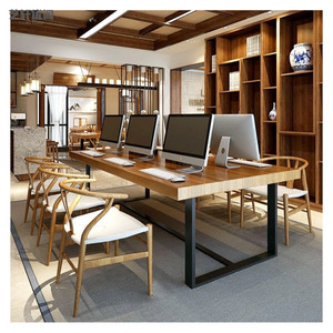 北欧铁艺实木公司职员办公桌长方形大型会议桌简易原木电脑办公桌