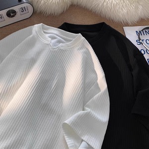 肌理感白色V领短袖T恤男夏季运动休闲体恤宽松大码长袖打底衫上衣