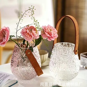 北欧ins皮革手提花瓶玻璃瓶轻奢浮雕家居高级感插花瓶摆件