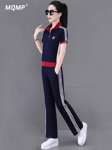 MQMP2024夏装冰丝印花女士开衫立领短袖九分裤休闲运动服两件套装