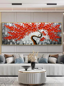 纯手绘油画红色发财树装饰画客厅轻奢沙发背景墙横版肌理立体挂画