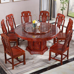全实木餐桌椅组合中式仿古雕花大圆桌带转盘橡木家用10人吃饭桌子