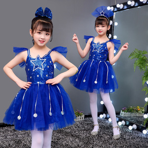 六一新款儿童演出服装星星舞蹈服女童公主裙蓝色蓬蓬裙表演服纱裙