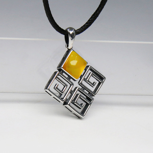 原创设计s925纯银回纹方形吊坠空托复古工艺diy镶嵌蜜蜡项坠托7*7