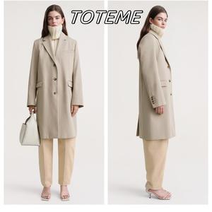 现货Toteme女装23年秋冬新款暗米色棉质中长款单排扣西装大衣外套