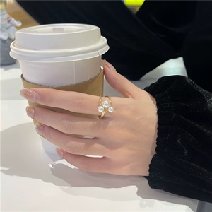 韩国复古轻奢交叉珍珠戒指女ins潮小众设计精致简约食指环戒子环