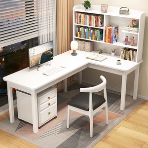 洞窝帝伊印象实木带书架组合办公桌加长书桌转角电脑桌拐角写字台