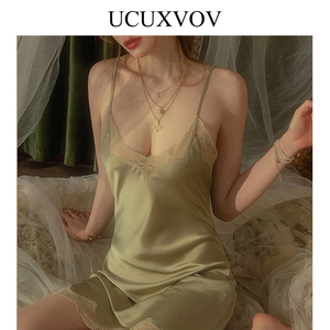 【法国】Uçuxvov 性感蕾丝睡衣两件套女深V真丝高级吊带睡裙套装