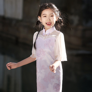 紫色儿童旗袍2024新款夏季新中式薄款女童改良中国风连衣裙公主裙