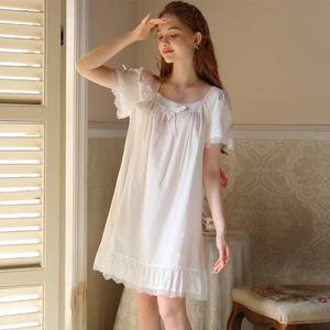 法式夏季薄款女士甜美纯棉宫廷短袖短款睡裙可爱公主宽松白色睡衣