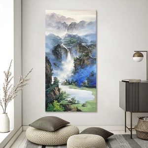 新中式山水风景纯手绘油画高山流水客厅装饰画瀑布聚宝盆玄关挂画