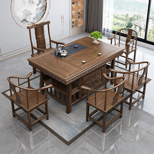 新中式实木禅意雕花茶台办公室家用功夫茶几茶台一体茶桌椅组合
