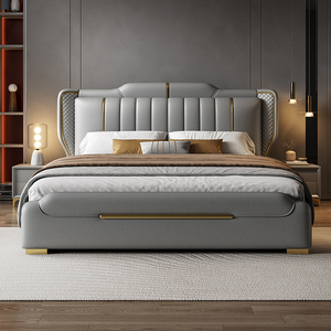 真皮床1.8米现代简约双人床2×2.2m极简主卧大床高档大气美式婚床
