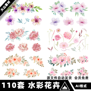 矢量AI手绘中国风水彩植物淡雅花卉花瓣花叶玫瑰月季插画设计素材