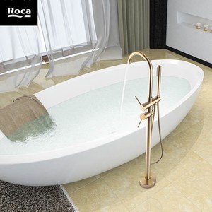 roca乐家全铜哑光拉丝金落地浴缸淋浴龙头金色缸边水龙头立式浴缸