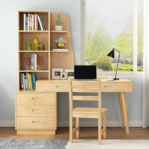 纯实木书桌书架组合简约卧室书柜书桌一体家用学生儿童松木学习桌