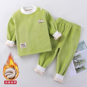 儿童保暖上衣加绒加厚保暖裤两件套灯芯绒内衣套装秋冬宝宝衣服