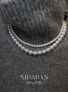 西大班人造澳白珍珠项链女轻奢高级感大溪地灰色多层毛衣链8字扣