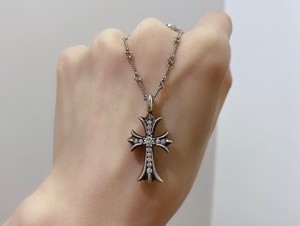 二手chrome hearts克罗心大号十字架满钻挂坠18k白金竹节项链