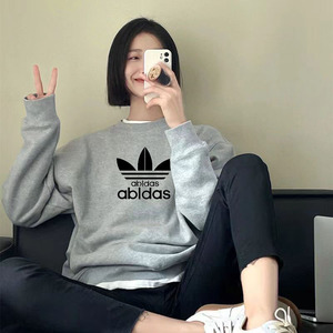 阿迪 达斯三叶草圆领卫衣女款秋冬加绒加厚纯棉大码宽松休闲外套