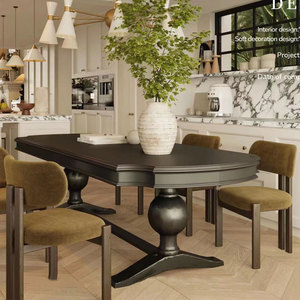 法式复古风别墅软装室内设计奶油风餐厅长餐桌实木六人饭桌定制