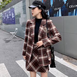 时尚格纹套装裙女2021年春秋新款毛呢复古外套西装搭配短裙两件套