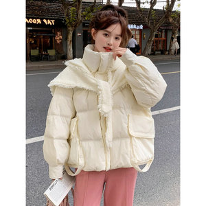 韩国披肩连帽羽绒服女冬季新款韩系减龄小个子加厚白鸭绒短款外套
