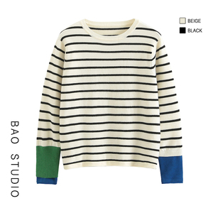 BAO STUDIO韩国时尚拼色袖条纹减龄套头毛衣2023秋季新款长袖毛衣