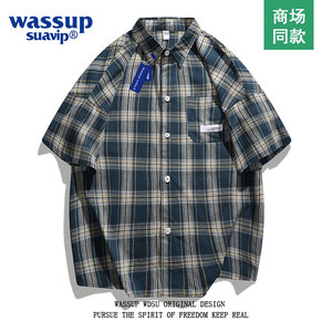 wassup suavip短袖格子衬衫男夏季新款潮牌休闲宽松半袖衬衣外套