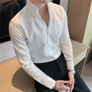 韩版扣式青年免烫方领白衬衣时尚学院风男士商务休闲纯色打底衬衫