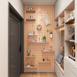 洞洞板定制玄关墙面置物架墙上实木挂板入户隔板收纳架墙壁展示架