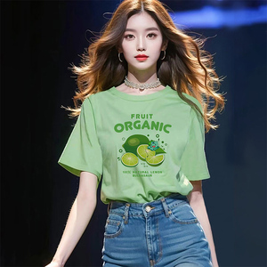 绿色柠檬卡通印花短袖多巴胺T恤时髦时尚甜辣上衣女2024新款夏季